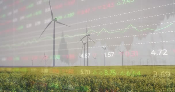 Animering Databehandling Aktiemarknaden Mot Snurrande Väderkvarnar Gräsmark Begreppet Global Ekonomi — Stockvideo