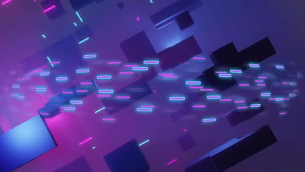 Animacja Kostek Latającymi Światłami Fioletowym Tłem Komunikacja Przetwarzanie Danych Kreatywność — Wideo stockowe
