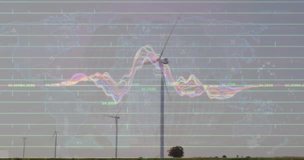 Animação Processamento Dados Sobre Globo Moinhos Vento Girando Contra Céu — Vídeo de Stock