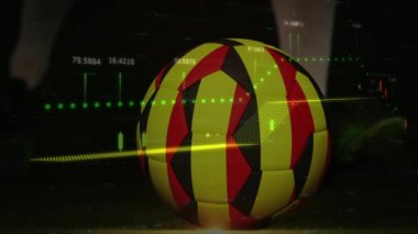 Futbolcunun Belçika bayrağıyla topa vuruşunun alt kısmındaki sayıların olduğu grafiklerin animasyonu. Dijital kompozit, çoklu pozlama, rapor, vatanseverlik, iş, spor, rekabet konsepti.