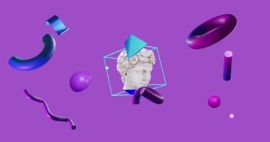 Antik heykelin canlanması mor sırt çantasındaki şekillerin üzerinde. Antika sanat, küresel bilgisayar, transfer ve veri işleme kavramı dijital olarak oluşturulmuş video.