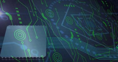 Veri işlemeli bilgisayar devre kartının animasyonu. Küresel iş, bilgisayar, transfer ve veri işleme kavramı dijital olarak oluşturulmuş video.