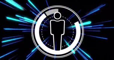 Veri transferinin ışık yollarında ikon ve veri işleme animasyonu. Küresel hesaplama, transfer ve veri işleme kavramı dijital olarak oluşturulmuş video.