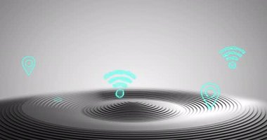 Bulut animasyonu, gri arkaplanda siyah ve gri eşmerkezli yüzükler üzerine kablosuz iletişim simgeleri. Veri paylaşımı, internet, iletişim ve dijital olarak oluşturulmuş gelecek konsepti.