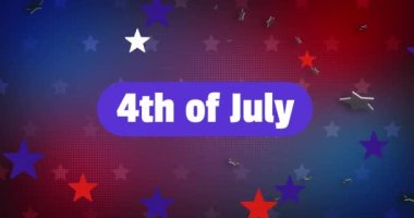 4 Temmuz metninin animasyonu, Amerika 'nın bağımsızlık günü, kırmızı, beyaz ve mavi yıldızlar üzerinde. Amerika, bağımsızlık, kutlama, gelenek, bayram ve vatanseverlik konsepti dijital olarak oluşturulmuş video.