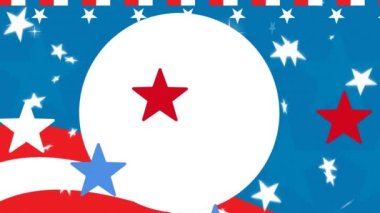 Amerika Birleşik Devletleri 'nin kırmızı, beyaz ve mavi bayrağında daire ve yıldızların animasyonu. Amerikan geleneği ve kutlama konsepti dijital olarak oluşturulmuş video.