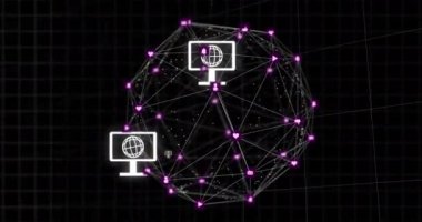 Bağlantıları olan dünyanın animasyonu ve ışık yollarıyla veri işleme. Küresel hesaplama, transfer ve veri işleme kavramı dijital olarak oluşturulmuş video.