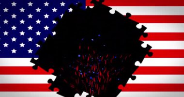 Amerika Birleşik Devletleri 'nin kırmızı, beyaz ve mavi bayrağıyla yıldız animasyonu. Amerikan geleneği ve kutlama konsepti dijital olarak oluşturulmuş video.