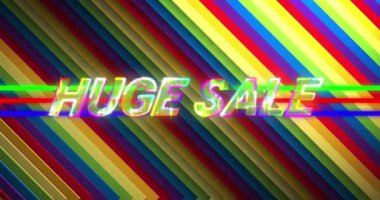 Gökkuşağı renginde yanıp sönen diyagonal çizgilerin üzerindeki devasa satış metninin animasyonu. Satış, perakende, ticaret, iletişim ve dijital olarak üretilen gelecek konsepti.