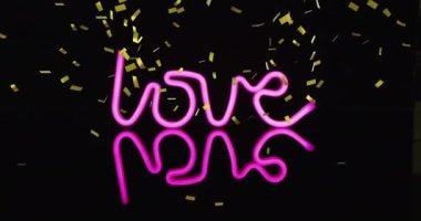 Aşk metninin üzerine pembe neon yansıtıcı siyah arka planda düşen altın konfetilerin animasyonu. Romantizm, Sevgililer Günü ve gelecek konsepti dijital olarak oluşturulmuş video.