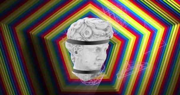 Animation Distorting Spliced Classical Sculpture Bust Concentric Rainbow Hexagonal Stripes — Stock Video