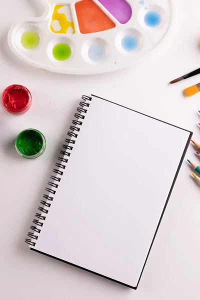 Close Paints Notebook Brushes Copy Space White Background Back School — Stock Photo, Image