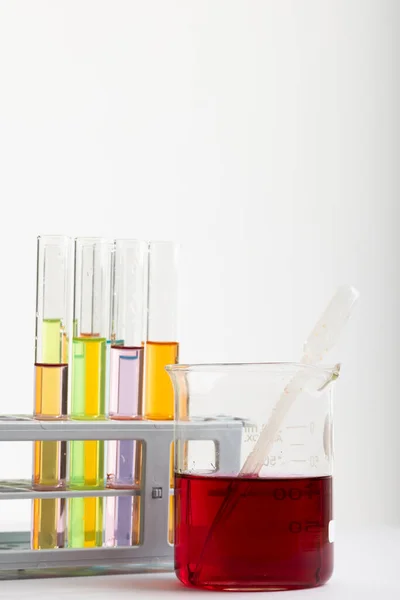 Close Chemistry Test Tubes Dishes Liquid Copy Space White Background — Stock Photo, Image