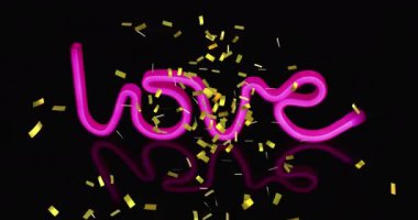 Aşk metninin üzerine pembe neon yansıtıcı siyah arka planda düşen altın konfetilerin animasyonu. Romantizm, Sevgililer Günü ve gelecek konsepti dijital olarak oluşturulmuş video.