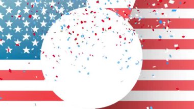 Amerika Birleşik Devletleri bayrağı ve dairesi üzerinde konfeti animasyonu. Amerikan geleneği ve kutlama konsepti dijital olarak oluşturulmuş video.