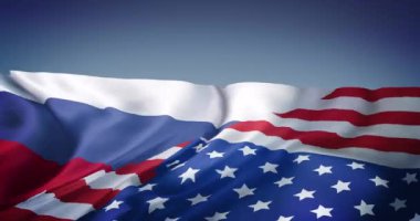 Rusya ve Amerika Birleşik Devletleri 'nin mavi arka planlı birleşik bayrağını sallamanın animasyonu. Uluslararası ilişkiler, ittifak ve küresel politika kavramı dijital olarak üretilen video.