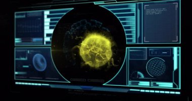 Virüs hücreleri üzerinde veri işleme animasyonu. Küresel iş ve dijital arayüz kavramı dijital olarak oluşturulmuş video.