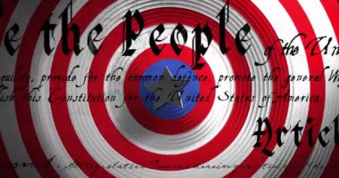 Amerikan anayasasının animasyon metni yüzüklerin üzerinde ve Amerikan bayrağı renklerinde yıldız. Amerika, bağımsızlık günü, kutlama, gelenek, tatil ve vatanseverlik kavramı dijital olarak oluşturulmuş video.