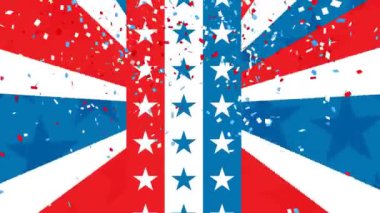 Konfeti animasyonu ve Amerika Birleşik Devletleri 'nin kırmızı, beyaz ve mavisi. Amerikan geleneği ve kutlama konsepti dijital olarak oluşturulmuş video.