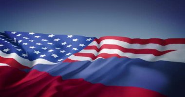 Birleşik Devletler ve Rusya 'nın mavi arka planlı birleşik bayrağını sallamanın animasyonu. Uluslararası ilişkiler, ittifak ve küresel politika kavramı dijital olarak üretilen video.