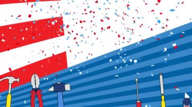 Amerika Birleşik Devletleri bayrağının kırmızı, beyaz ve mavi bayrağı üzerinden İşçi Bayramı metninin animasyonu. Amerikan geleneği ve kutlama konsepti dijital olarak oluşturulmuş video.