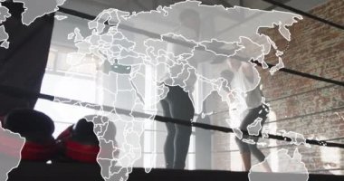 Boks salonunda egzersiz yapan farklı erkek ve kadınların dünya haritası. Spor, rekabet ve spor konsepti dijital olarak oluşturulmuş video.