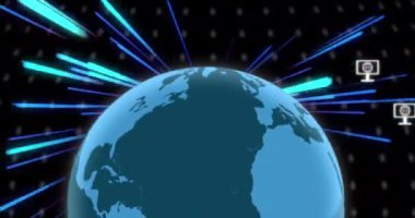 Veri transferinin ışık yollarında ikonların, kürenin ve veri işlemenin animasyonu. Küresel hesaplama, transfer ve veri işleme kavramı dijital olarak oluşturulmuş video.