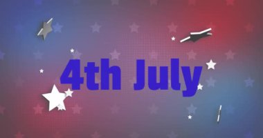 4 Temmuz metninin animasyonu, bağımsızlık günü, kırmızı ve mavi arka planda beyaz yıldızlar. Amerika, bağımsızlık, kutlama, gelenek, bayram ve vatanseverlik konsepti dijital olarak oluşturulmuş video.