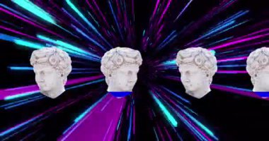 Antik heykellerin animasyonu ışık yollarının üzerinde. Antika sanat, küresel bilgisayar, transfer ve veri işleme kavramı dijital olarak oluşturulmuş video.