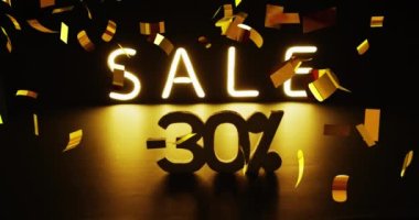 Satıştaki altın konfetilerinin animasyonu -% 30 'u siyah arkaplanda beyaz metinler halinde. Satış, perakende, ticaret, iletişim ve dijital olarak üretilen gelecek konsepti.