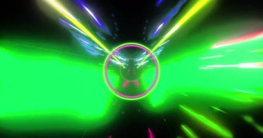 Neon şekillerin animasyonu ve veri transferinin ışıldayan ışık yollarının tüneli. Küresel hesaplama, transfer ve veri işleme kavramı dijital olarak oluşturulmuş video.