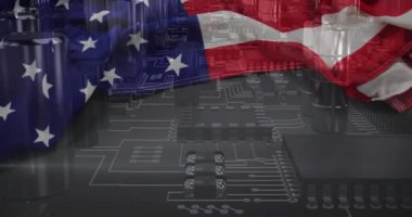 Veri işleme ve ABD bayrağıyla bilgisayar devre kartının animasyonu. Küresel iş, bilgisayar, transfer ve veri işleme kavramı dijital olarak oluşturulmuş video.