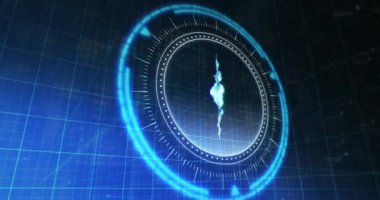 Mavi ve siyah dijital uzay üzerinde dönen ruhani işaretli işlem çemberinin animasyonu. İletişim, para birimi, finans ve teknoloji konsepti dijital olarak oluşturulmuş video.