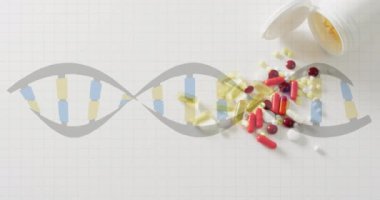 Konteynırın üzerinden geçen DNA iplikçiklerinin canlandırılması beyaz arka plana haplar ve tabletler dökülüyor. Dijital olarak üretilen tıbbi hizmetler, tıp ve sağlık konsepti.