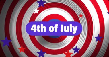 4 Temmuz metninin animasyonu, bağımsızlık günü, Amerikan bayrağı renginde yüzük ve yıldızların üstünde. Amerika, bağımsızlık, kutlama, gelenek, bayram ve vatanseverlik konsepti dijital olarak oluşturulmuş video.