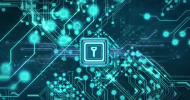 Veri işleme ve anahtarla bilgisayar devre kartının animasyonu. Küresel iş, bilgisayar, transfer ve veri işleme kavramı dijital olarak oluşturulmuş video.