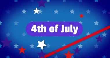 4 Temmuz metninin animasyonu, Amerika 'nın bağımsızlık günü, kırmızı, beyaz ve mavi yıldızlar üzerinde. Amerika, bağımsızlık, kutlama, gelenek, bayram ve vatanseverlik konsepti dijital olarak oluşturulmuş video.