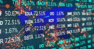 Finansal veri işlemeli bilgisayar devre kartının animasyonu. Küresel iş, bilgisayar, transfer ve veri işleme kavramı dijital olarak oluşturulmuş video.