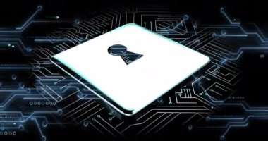 Bilgisayar devre kartının veri işleme ve asma kilidi ile animasyonu. Küresel iş, bilgisayar, transfer ve veri işleme kavramı dijital olarak oluşturulmuş video.