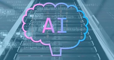 Simgeler ve bilgisayar sunucusuyla ai veri işleme animasyonu. Dijital olarak oluşturulmuş küresel yapay zeka, bağlantılar, hesaplama ve veri işleme kavramı.