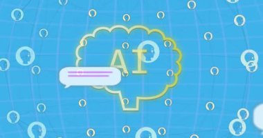 Simgelerle ve bağlantı ağlarıyla ai veri işleme animasyonu. Dijital olarak oluşturulmuş küresel yapay zeka, bağlantılar, hesaplama ve veri işleme kavramı.