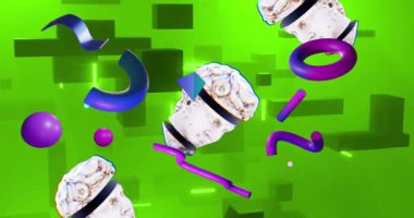 Antik heykellerin animasyonları yeşil arka plandaki şekilleri aşar. Antika sanat, küresel bilgisayar, transfer ve veri işleme kavramı dijital olarak oluşturulmuş video.