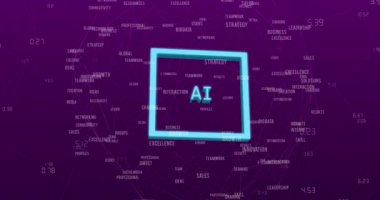 Simgelerle ve bağlantı ağlarıyla ai veri işleme animasyonu. Dijital olarak oluşturulmuş küresel yapay zeka, bağlantılar, hesaplama ve veri işleme kavramı.