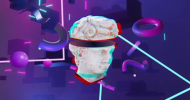 Antik heykellerin animasyonu şekillerin ve ışık yollarının üzerinde. Antika sanat, küresel bilgisayar, transfer ve veri işleme kavramı dijital olarak oluşturulmuş video.