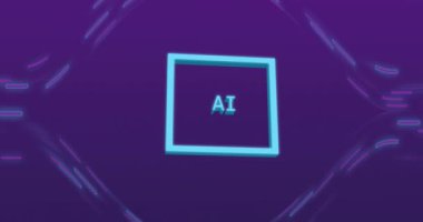 Simgelerle ve bağlantı ağlarıyla ai veri işleme animasyonu. Dijital olarak oluşturulmuş küresel yapay zeka, bağlantılar, hesaplama ve veri işleme kavramı.