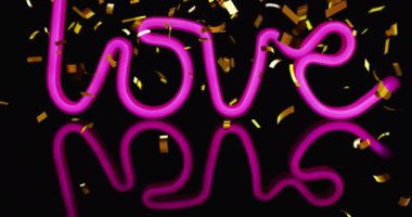 Aşk metninin üzerine pembe neon yansıtıcı siyah arka planda düşen altın konfetilerin animasyonu. Romantizm, Sevgililer Günü ve gelecek konsepti dijital olarak oluşturulmuş video.