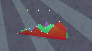 Mor çizgiler üzerinde istatistik ve veri işleme animasyonu. Dijital olarak oluşturulmuş küresel bağlantılar, hesaplama ve veri işleme kavramı.