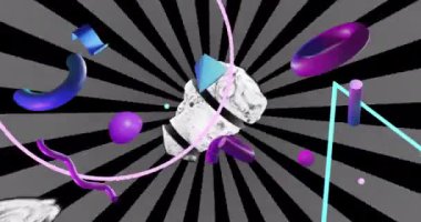 Antik heykel kafasının animasyonu ve ışık yollarının üzerindeki şekiller. Antika sanat, küresel bilgisayar, transfer ve veri işleme kavramı dijital olarak oluşturulmuş video.