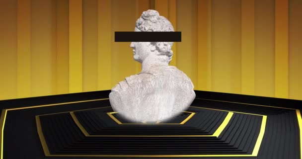经典雕塑半身像的动画 带有金条背景的审查棒遮住眼睛 新闻检查 历史和复古的未来概念 — 图库视频影像