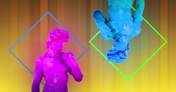Анімація Викривлення Класичних Скульптур Рожевого Синього Чоловіків Рухаються Золотому Смугастому — стокове відео
